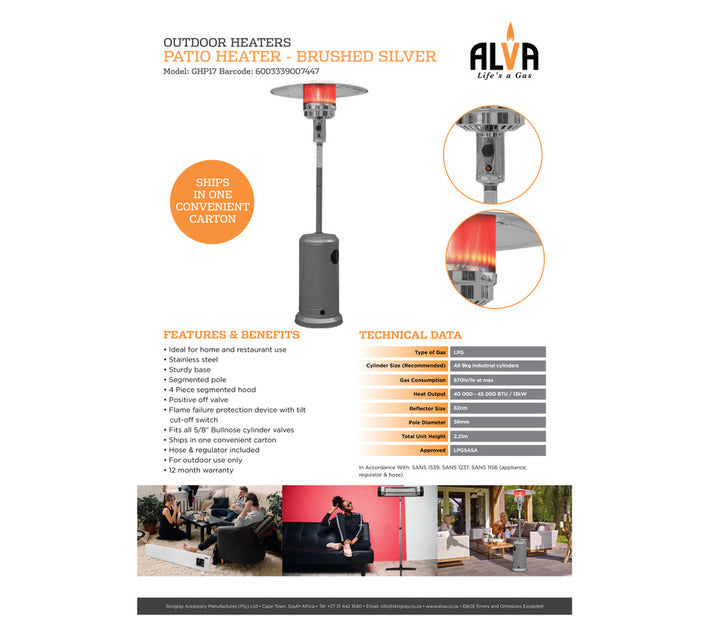Alva Split Pole Patio Gas Heater Silver GHP17