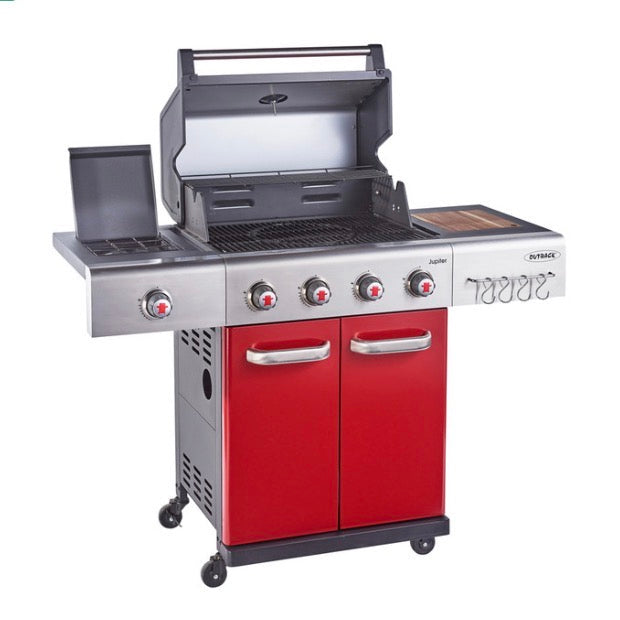 Outback 4 Burner Jupiter Hybrid Gas and Charcoal Braai with Chopping Board Red