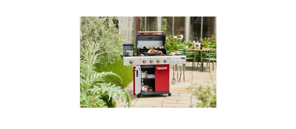 Outback 4 Burner Jupiter Hybrid Gas and Charcoal Braai with Chopping Board Red