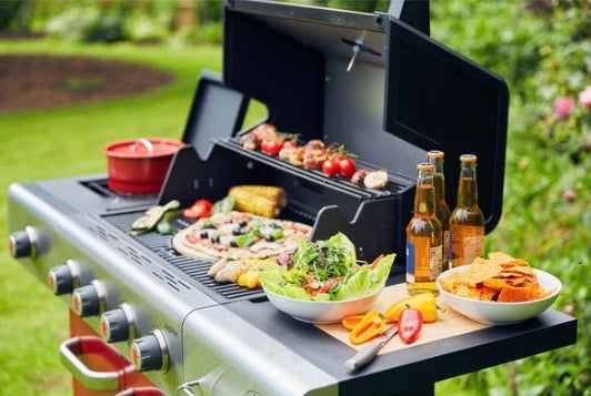 Outback 4 Burner Jupiter Hybrid Gas and Charcoal Braai with Chopping Board Red