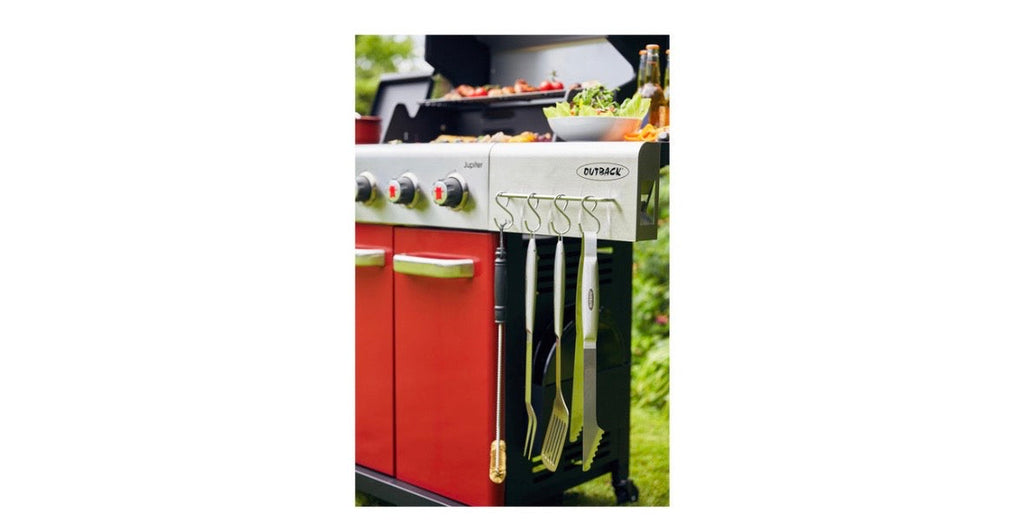 Outback 4 Burner Jupiter Hybrid Gas and Charcoal Braai with Chopping Board Red