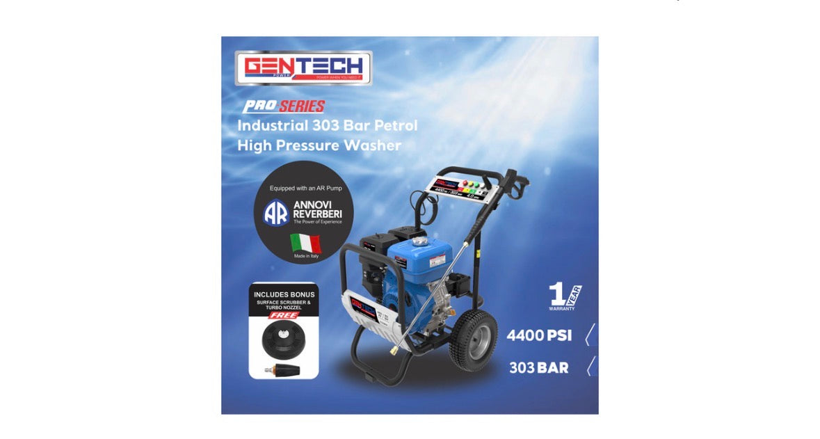 Gentech Industrial 303 Bar (4400 PSI) Petrol High-Pressure Washer - Heavy-Duty Machine for Contractors and Farms GPPW4400