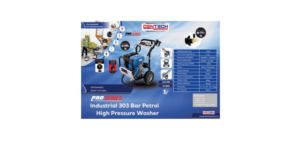 Gentech Industrial 303 Bar (4400 PSI) Petrol High-Pressure Washer - Heavy-Duty Machine for Contractors and Farms GPPW4400