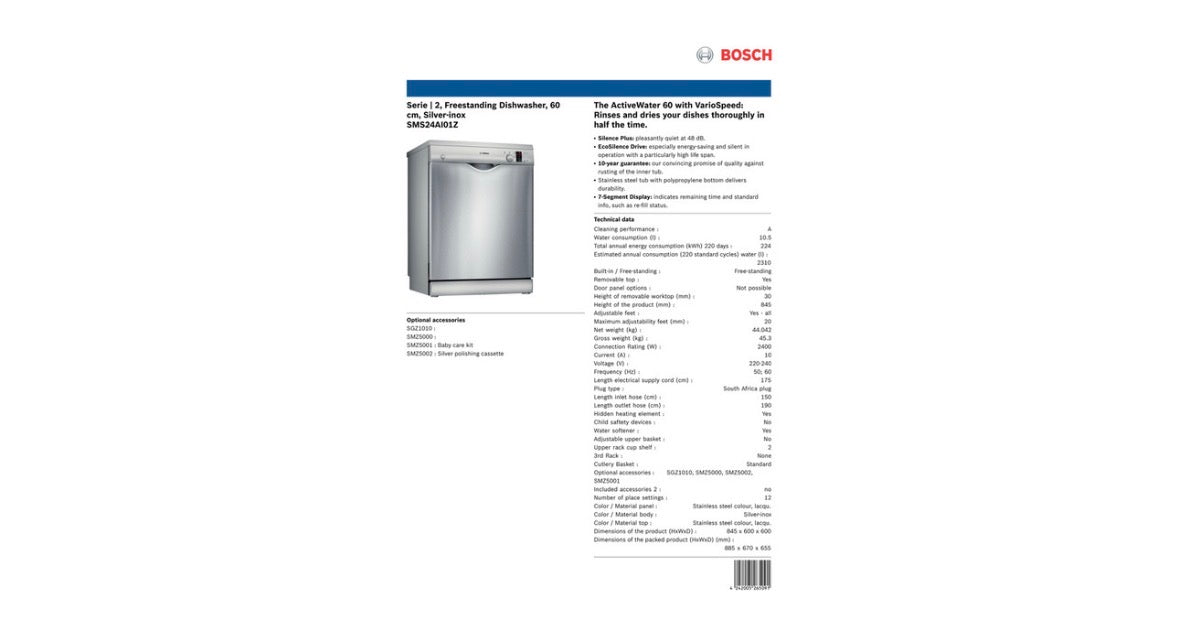 Bosch 12 Place Setting Dishwasher Silver SMS24AI01Z